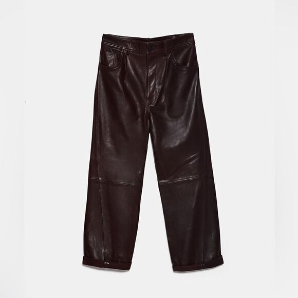 Zara Brown Genuine Leather Straight Leg Pants - Picture 2 of 11